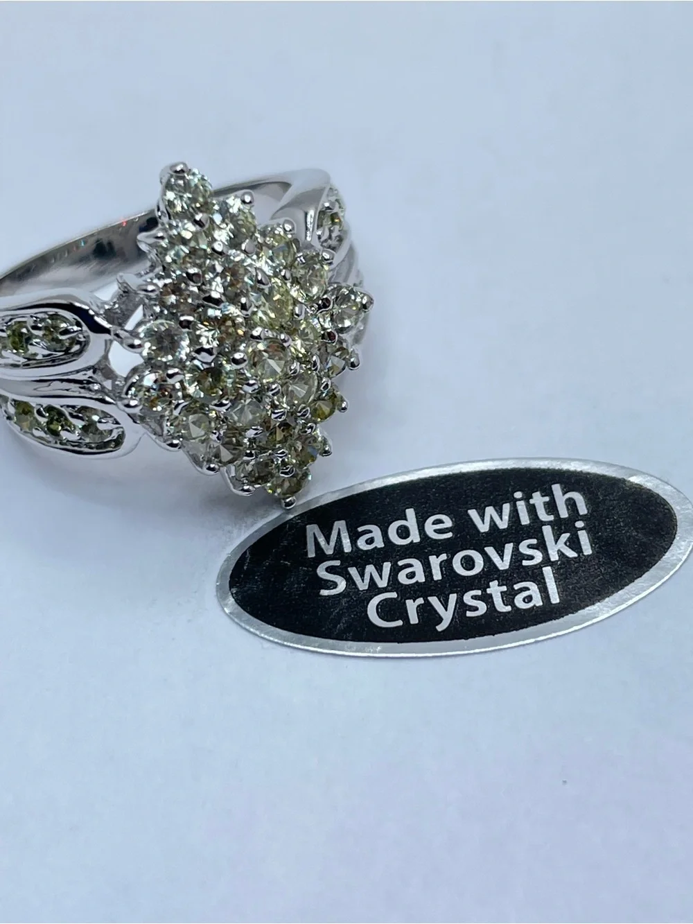 Swarovski Crystal Elements Pale Yellow Art Deco Vintage Look Silver Ring Sz 7